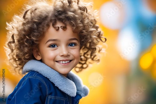 A young girl with curly hair is smiling and wearing a blue jacket. The image has a warm and cheerful mood, with the girl's smile and the bright colors of her clothing