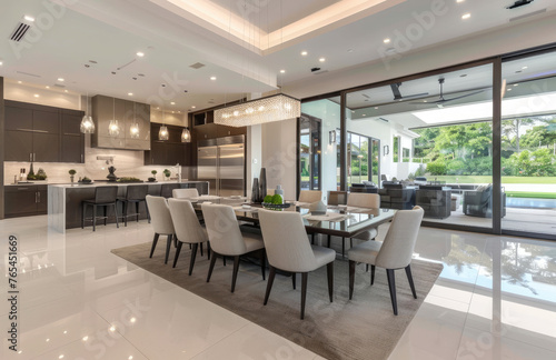 Modern dining room with a white floor and brown carpet, open kitchen area in the background, large window overlooking a garden view.