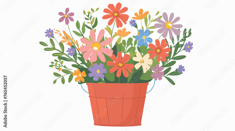 Bucket of Wildflowers flat vector isolated on white background