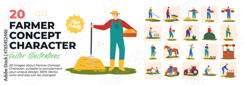Farmer Activity Character Illustration. Mega Set. Collection scenes of farmer, farm, farming, farmland, village, harvest, countryside activity. Vector Illustration