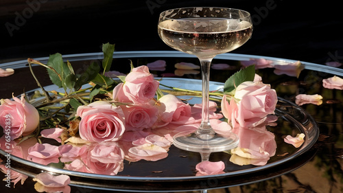  A champagne flute glistening with condensation, nestled among rose petals on a mirrored tray