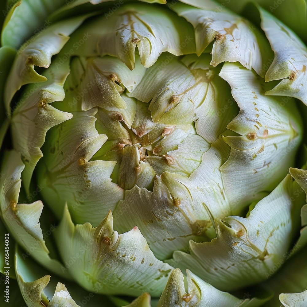 Fototapeta premium Macro view of an artichoke heart emphasizing the layered patterns and soft green hues
