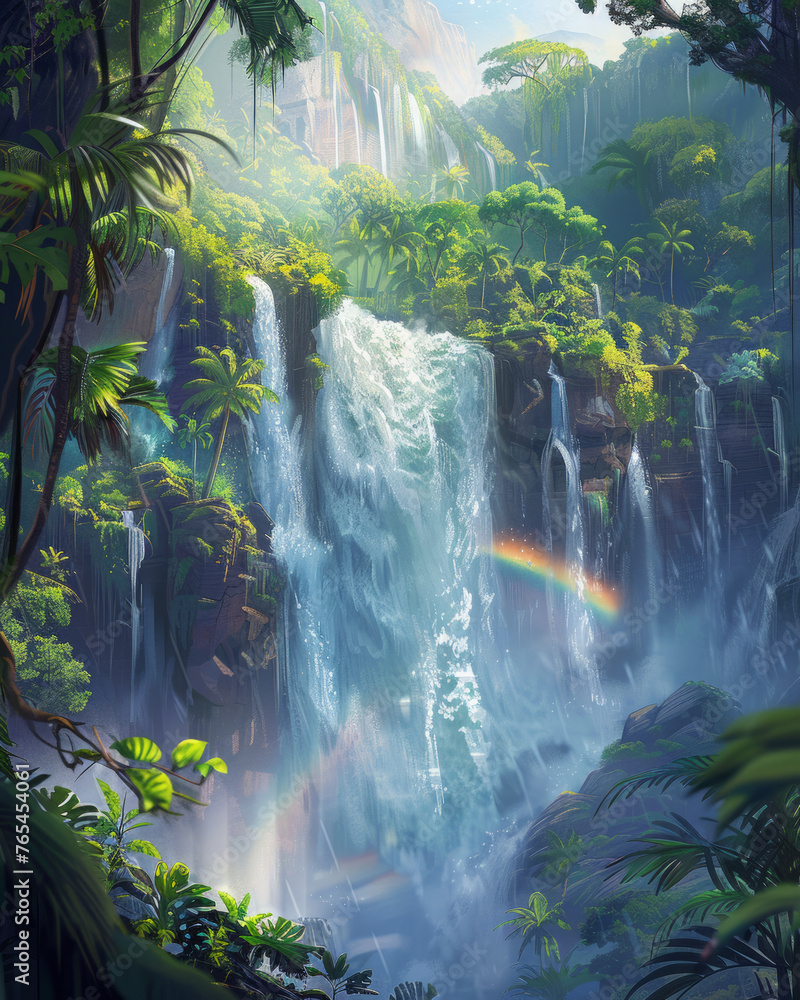 This ethereal image captures a vast waterfall cascading amongst lush tropical foliage, with a rainbow adding a magical touch