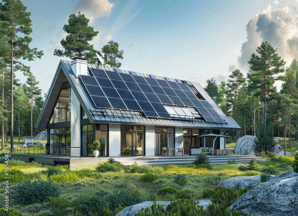 3D rendering of a modern house with solar panels on the roof, white walls and gray metal tiles, in the style of Scandinavian architecture, a garden in front, a sunny day, a blue sky, green trees