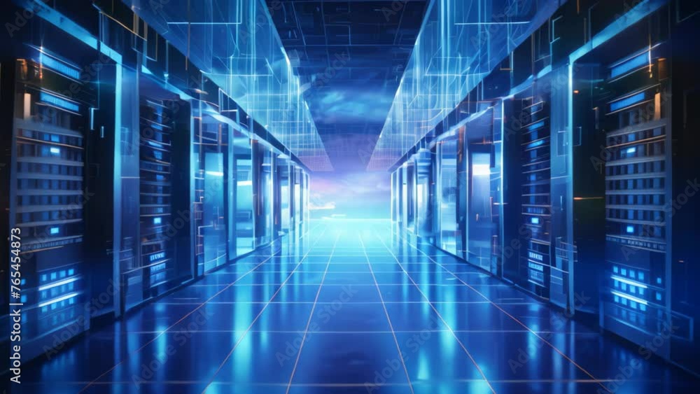 Server room data center hallway with blue lights and reflections. 3D Rendering, Big data center technology warehous with servers information digitalization Starts, AI Generated Server room data center hallway with blue lights and reflections. 3D Rendering, Big data center technology warehous with servers information digitalization Starts, AI Generated