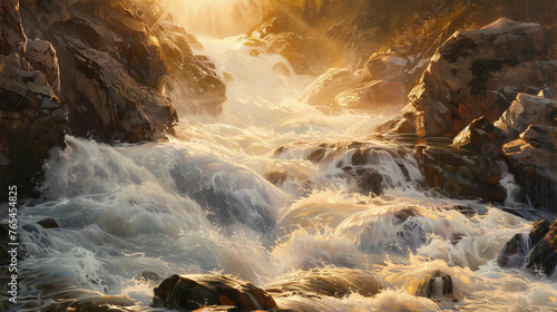The golden hour light bathes a tumultuous river running through rock formations, evoking dynamism and vitality