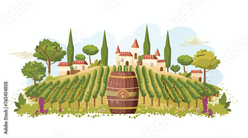 Countryside Vineyard with Wine Barrel flat vector 