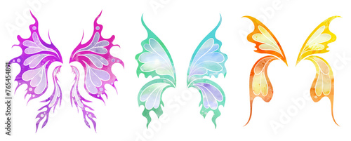 Vector set of watercolor silhouette fairy wings. Collection of colorful different butterfly wings isolated from background. Fairy tale design elements for icon and stickers photo