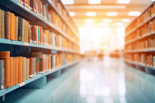 Abstract blurred public library interior space. blurry room with bookshelves by defocused effect. use for background or backdrop in business or education concepts - generative ai