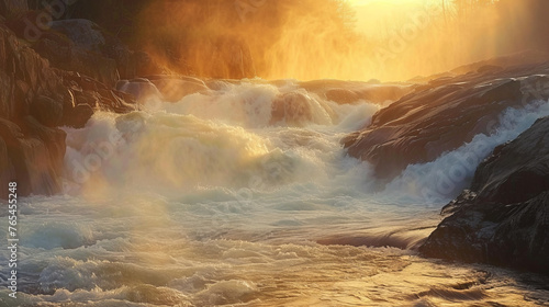 This image captures the intense energy of a mountain stream under the mesmerizing light of the setting sun