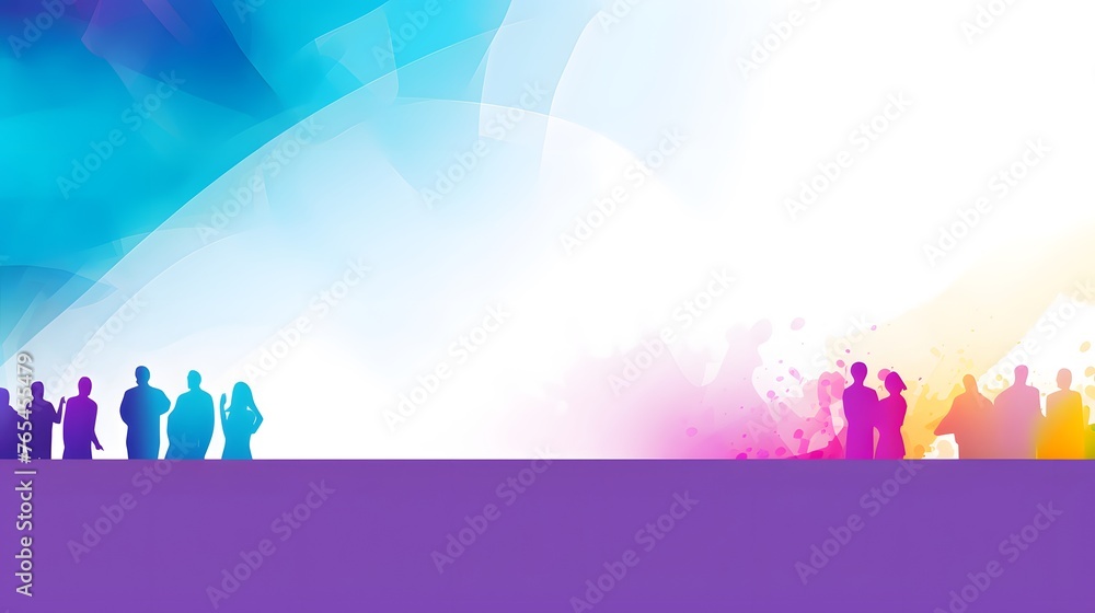 Silhouettes of diverse people stand before a dynamic backdrop of swirling blue and pink gradients, symbolizing unity in diversity