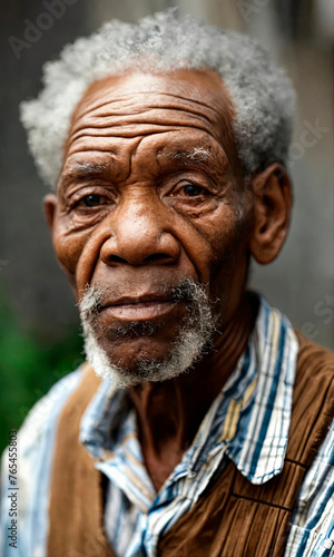 Direct gaze of an African senior with salt-and-pepper hair and beard, his face carrying a gentle, approachable expression, clothed in a casual striped shirt with a vest.