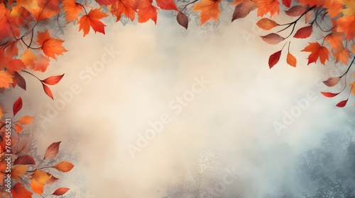 A serene backdrop features a gradient of foggy hues framed by vibrant autumn leaves, capturing the essence of fall's tranquility and beauty