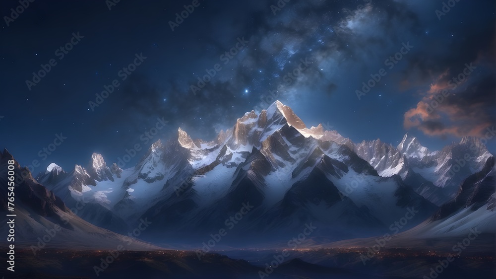 The sun rises over the mountains against a backdrop of snowy mountains and a galaxy.Snow-themed Astral Wallpaper Composition




 - obrazy, fototapety, plakaty 