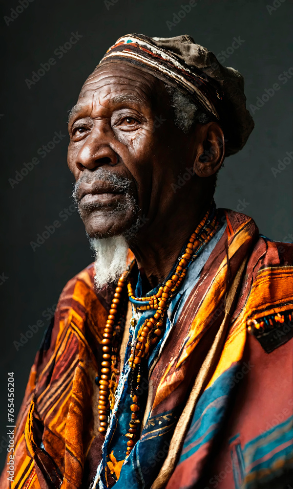 Noble African elder looking upwards with hope and reminiscence, adorned in traditional attire and headwear, embodying the spirit and wisdom of his heritage.