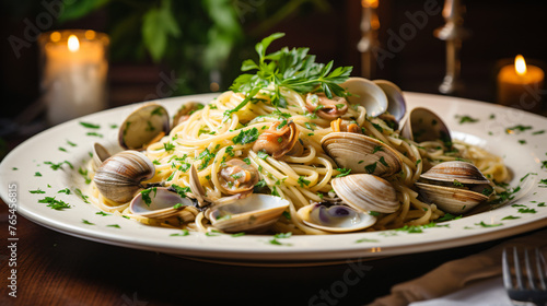 A traditional plate of spaghetti alle vongole  photo