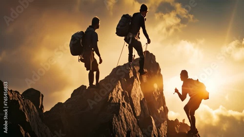 Silhouette of a group of climbers reaching the top of a mountain, Climbers helping another climber to climb up, Rear View, No visible faces, AI Generated photo