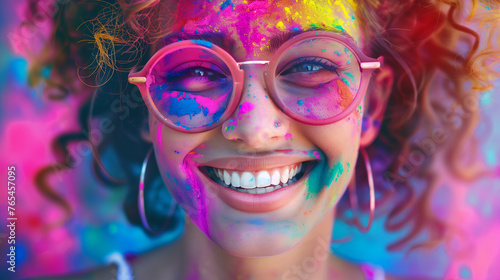 Cheerful woman at the festival of colors Holi 