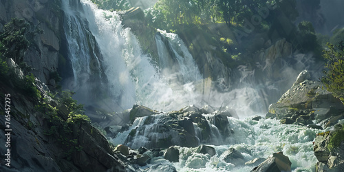 This striking image captures a powerful waterfall surrounded by fog and lush greenery in a mountainous forest