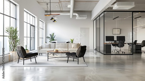 A modern office interior with a minimalist design and natural light, great for adding a clean and spacious look to designs