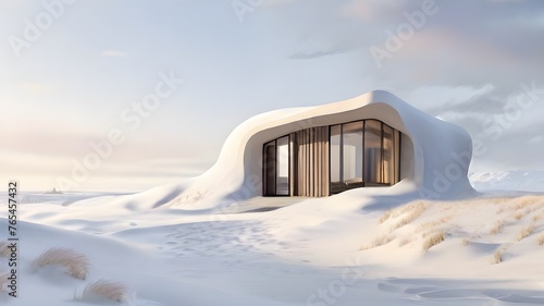 Summertime Vacation: Beach Houses with Dunes, Panorama Frame House in the snowy Wasatch Mountain neighborhood against a misty blue sky

 photo