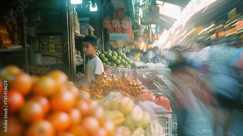 Hazy Hustle: A child's labor fades into the blur of the market, a silent participant in the bustling commerce.