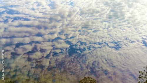 Reflection in the water of the sky, trees, forest. Concept the change of seasons - vertical movement. Vertical movement from bottom to top