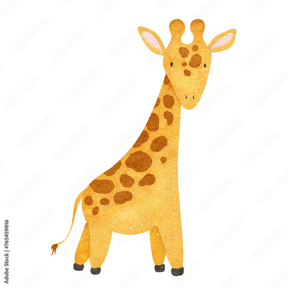 Obraz premium Cute baby giraffe. Isolated hand drawn watercolor illustration of african animal. Kid's Safari. For design baby shower, cards, posters, kid's goods and rooms