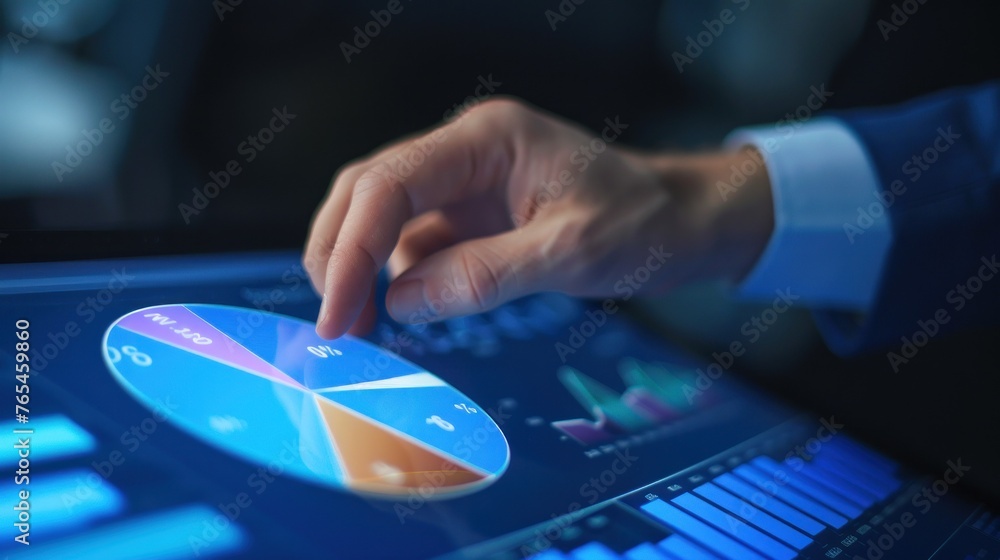 An executive managing and manipulating data with a touch on a futuristic interactive display showing pie charts An executive managing and manipulating data with a touch on a futuristic interactive display showing pie charts