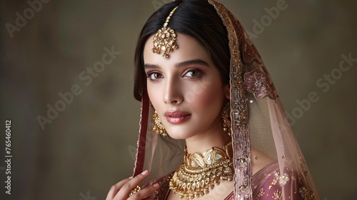 Film celebrity donning a traditional Indian ensemble adorned with golden accessories.
