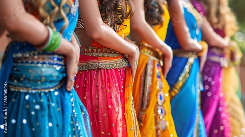 Vibrantly dressed performers with their hands lined up in a row. photo