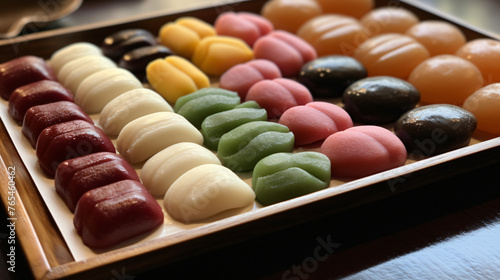 A tray of Japanese mochi with sweet fillings like red