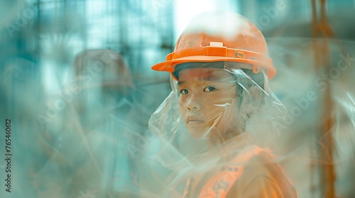 Labor in Haze: Blurred surroundings envelop a child in construction gear, their role concealed.