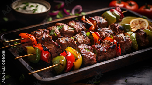 A tray of Middle Eastern kebabs with grilled meat and © Jafger