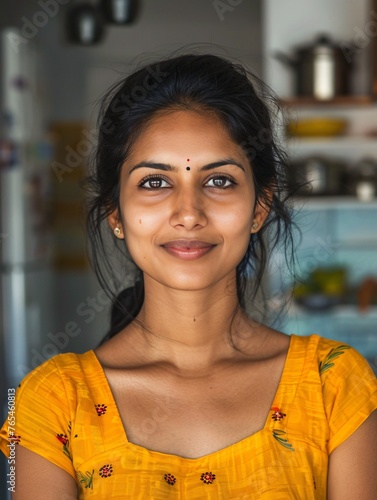 Self-assured, attractive Indian lady gazing into the camera in her kitchen at home. Joyful, stunning Hindu housewife indoors in India, close-up of her face.