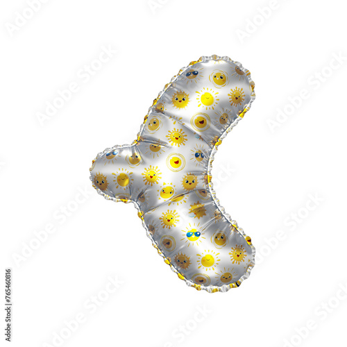 3D inflated balloon Curly braces Symbol/sign with metalic chrome surface and yellow sun smiley childrens pattern