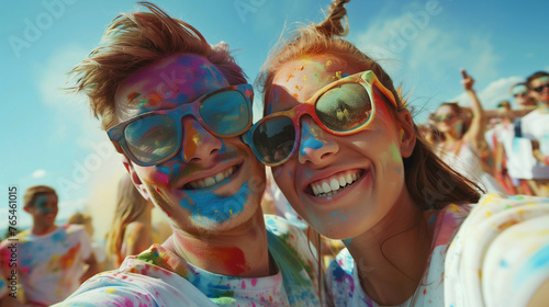 Cheerful people at the festival of colors Holi