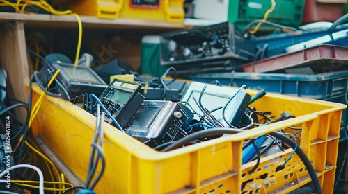 Recycling bin for discarded household electronics and appliances, sorting and disposing of hazardous electronic waste.
