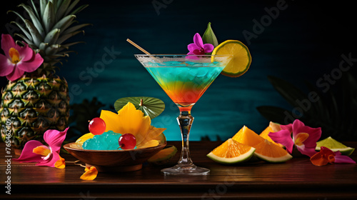A vibrant tropical cocktail with an umbrella and fruit