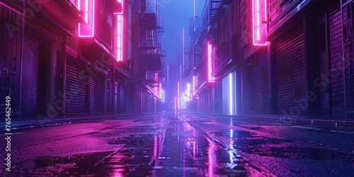 A visually stunning 3D image of a cyberpunk-inspired metropolis with neon lights  a desolate street  and a gritty urban setting.
