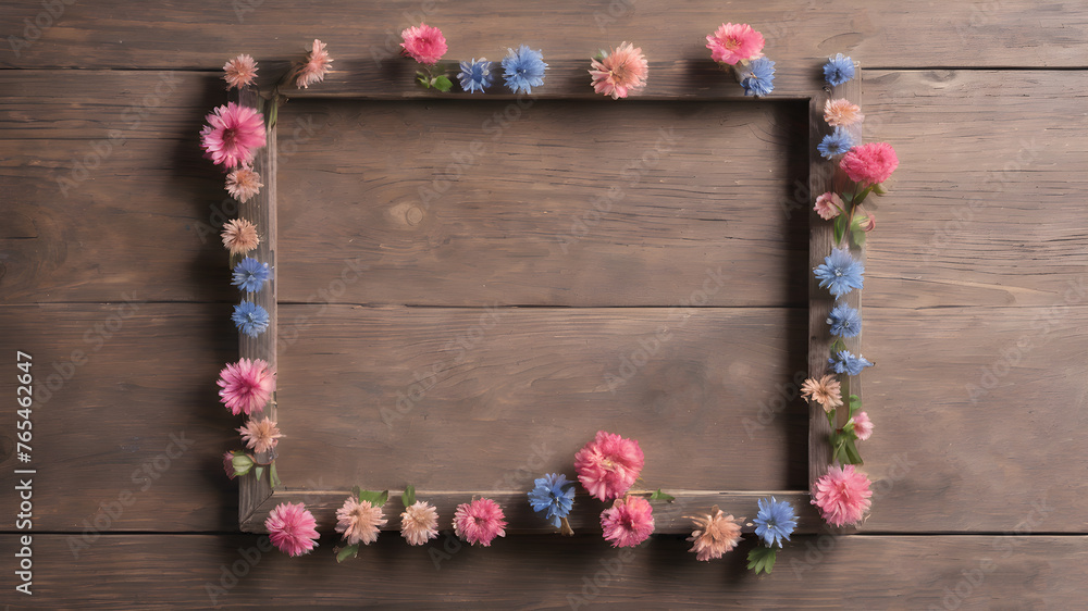 Fresh flowers with Frame on wooden background with with empty space for greeting message.  Love and greeting concept design. AI generated image, ai