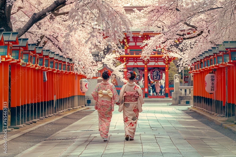 During peak cherry blossom season, Japanese ladies wearing traditional Yukata wander near  Shrine. - obrazy, fototapety, plakaty 