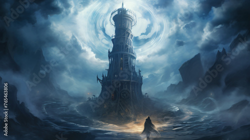 A wizards tower surrounded by swirling mists