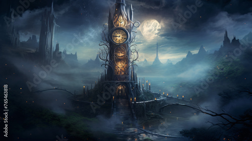 A wizards tower surrounded by swirling mists