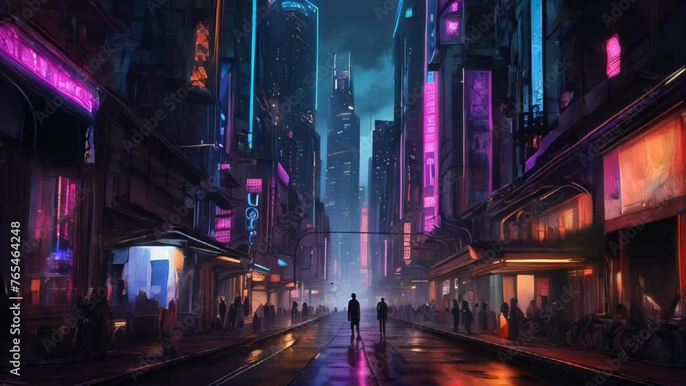 Urban street glittered with neon signs, wet asphalt reflecting light after the rain.
Urban street glittered with neon signs, wet asphalt reflecting light after the rain.