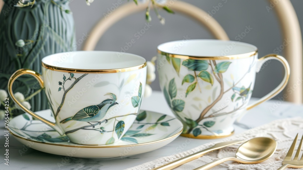 This is a set of porcelain coffee cups with gold metal rim decoration and green bird pattern, paired with gold cutlery to serve tea or coffee in an elegant way, all set next to a white plate decorated This is a set of porcelain coffee cups with gold metal rim decoration and green bird pattern, paired with gold cutlery to serve tea or coffee in an elegant way, all set next to a white plate decorated