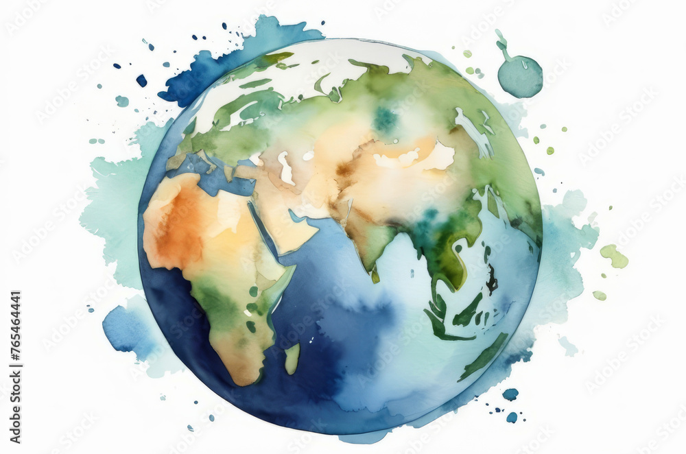 Naklejka premium Watercolor world. An enchanting illustration of the Earth in watercolors, promoting the message of global unity and environmental protection for Earth Day.