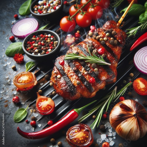 Grilling steak, BBQ meat with vegetables and spices on dark tabletop background PNG. Delicious barbeque with spices and vegetables.