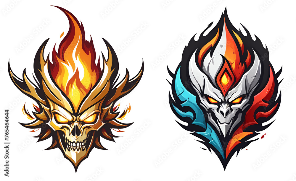 a couple of skulls with flames on them, mascot illustration, logo design, fire hair