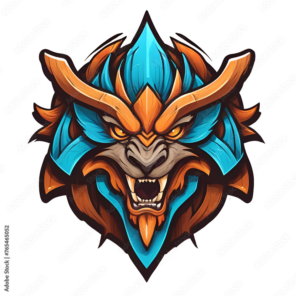 a blue and orange wolf head on a transparent background, dragon, portrait berserker barbarian, wood block